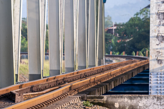 The historical Renville twin railway steel truss bridge over the double tracks in Kebumen, Central Java, Indonesia.