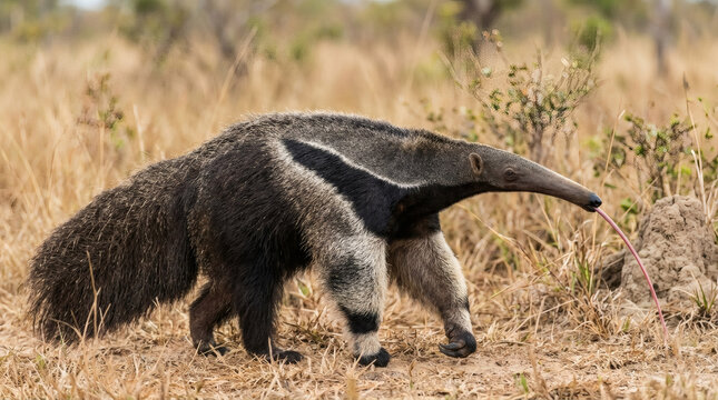 Giant anteater with tongue out walking in savanna grass