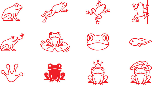 Collection of red line art frog icons and illustrations on transparent background.