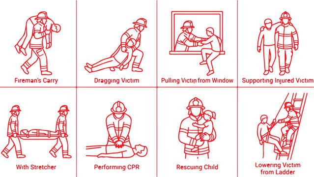 Firefighter rescue actions red line art illustrations with descriptive labels on gray background.