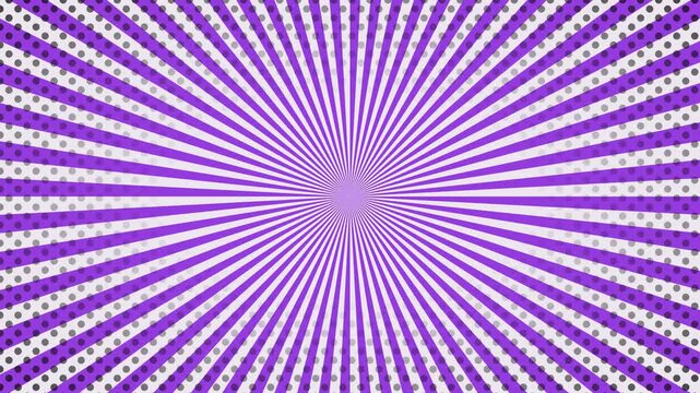 Comic sunburst radial rays with purple and white color palette and halftone dot pattern for retro pop art video background overlay