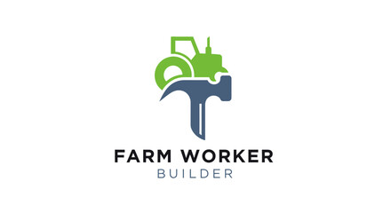Fototapeta premium Farm worker logo with tractor and hammer for business and construction