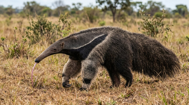 Giant anteater with tongue out walking in savanna grass
