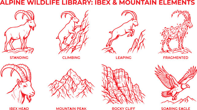 Alpine wildlife library ibex and mountain elements set for adventure and nature themes.