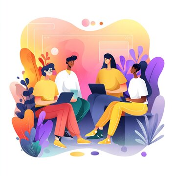 Colorful flat illustration of a diverse team collaborating with laptops in a stylized co working workspace