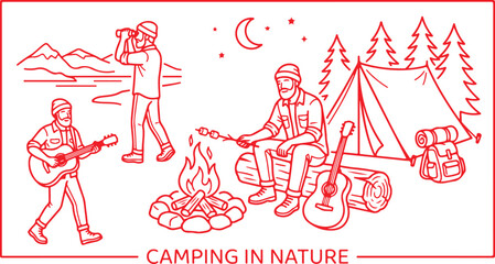Illustration showing camping in nature with man playing guitar near tent and bonfire under stars. © Sadhin