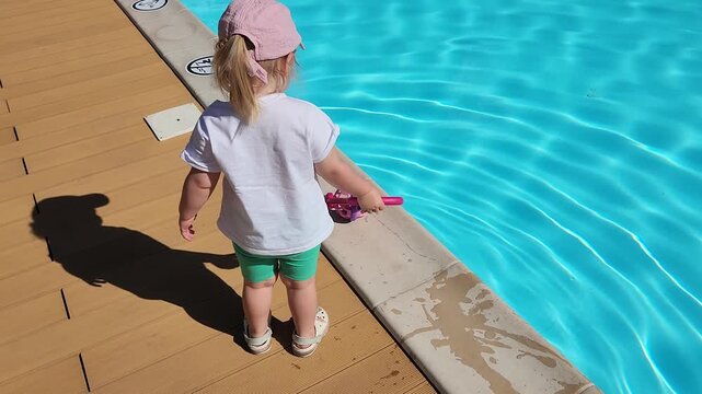 Back view of toddler girl Sofia standing near a bright blue pool