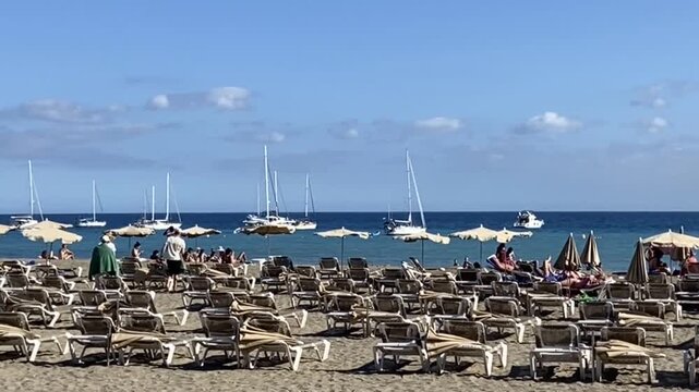 Coastal view of  Las Vistas beach, Los Cristianos,  Tenerife,Canary Islands,Spain. Travel or vacation concept,4K.