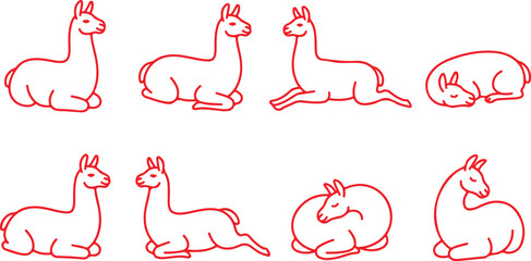 Obraz premium Red outline llamas in different poses on transparent background, set collection.