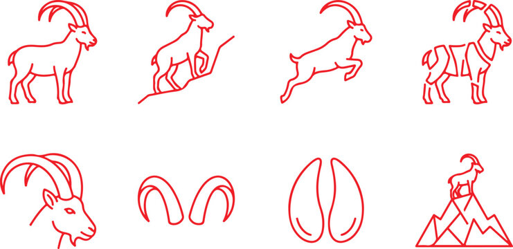 Set of ibex goat outlines in various poses and views on transparent background.