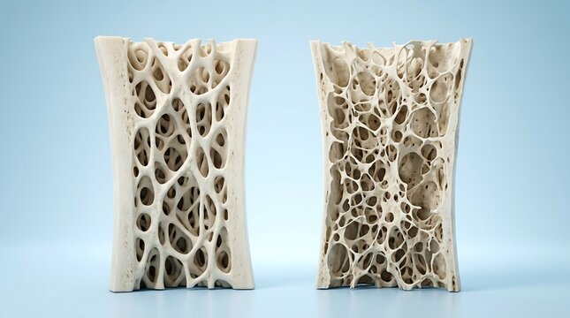 Comparison of healthy and porous bone structures showing density difference in a medical 3D illustration