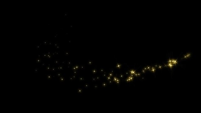 Golden sparkle stars glitters light trail animation on black screen, magical sparkle dust, fairy doodle stars, shiny glowing gold star and bokeh lights on transparent background overlay, 4k