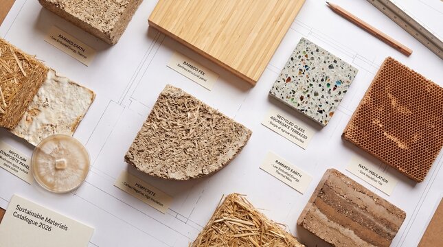 Sustainable construction materials samples on architectural blueprints, including bamboo, hempcrete, rammed earth, recycled glass terrazzo, and mycelium composite, top view