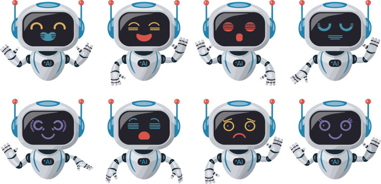 Cute friendly AI chatbot robot 3D vector set with different screen face emotions isolated on white background