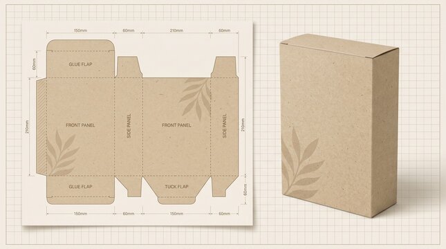 Kraft Paper Box Packaging Dieline and 3D Mockup with Leaf Design