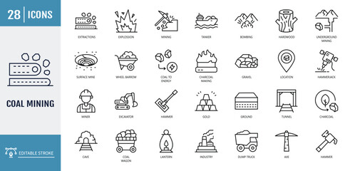 Coal Mining icon set. including featuring miner, pickaxe, cart, tunnel, and coal pile. outline icon set. vector illustration with editable stroke © Control New