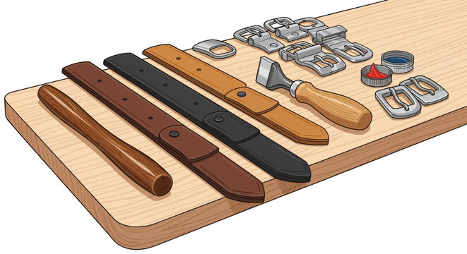 Crafting essentials: leatherwork tools and materials on wooden board