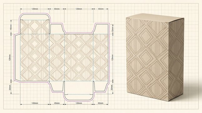 Packaging Box Dieline Template and 3D Mockup with Geometric Pattern