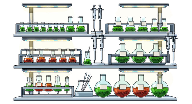 Colorful laboratory shelves with decorative glassware in a modern sett