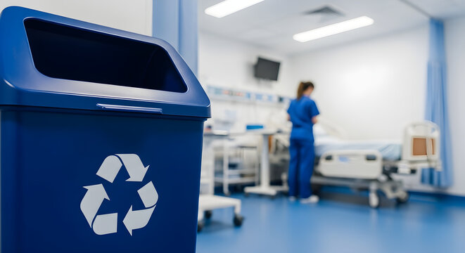 A blue recycling bin in a hospital ward with nurse