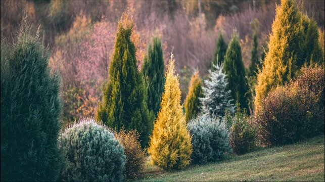 Diverse evergreen shrubs and conifers populate a gently sloping hillside with autumn foliage in the background.