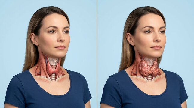 Comparison of healthy and enlarged thyroid gland in a woman's neck showing anatomical cross section for medical education