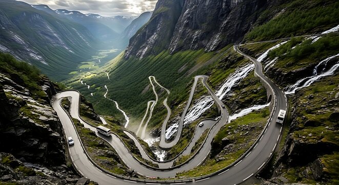 Winding Mountain Road Descending Through Dramatic Green Valley with Waterfalls
