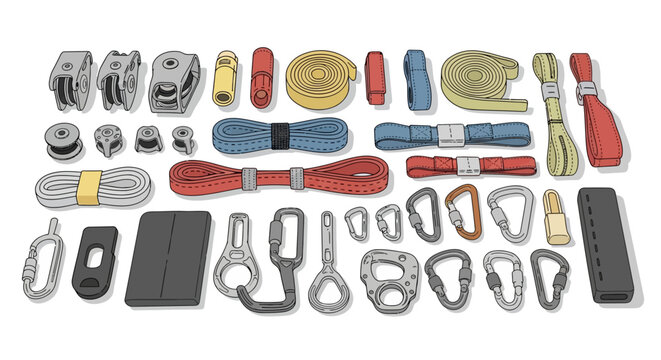 Isometric tools and accessories set with carabiners webbing and buckle