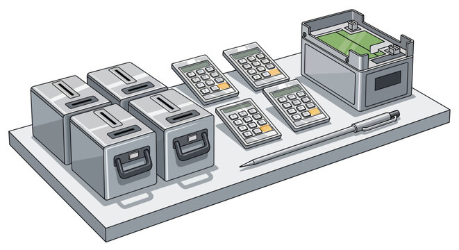 Isometric office supplies: boxes calculators and files on desk