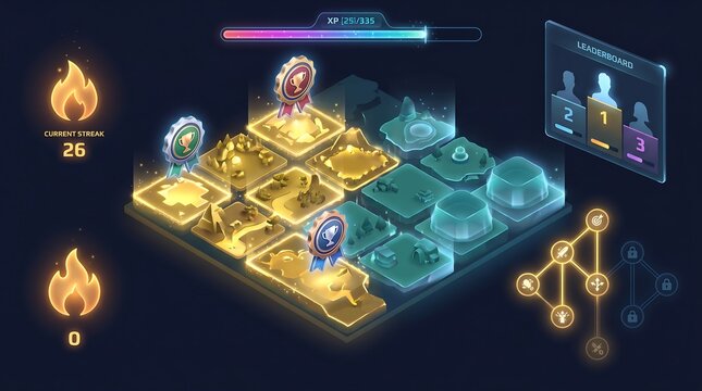 Gamified education platform dashboard with student progress map, achievement badges, skill tree and leaderboard in 3D edtech interface