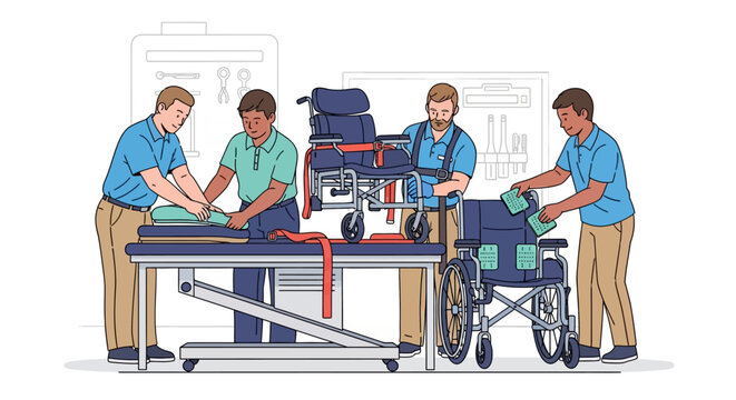 Professionals assembling wheelchair equipment in workshop setting