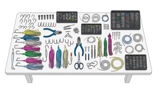 Fishing tackle organized on a table with lures and tools in a detailed