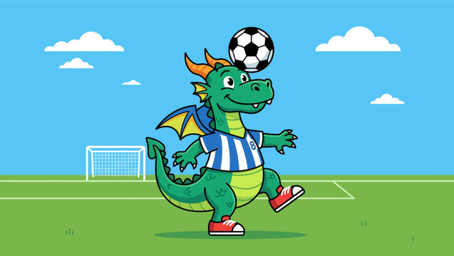 Green dragon wearing soccer jersey playing football on field with ball