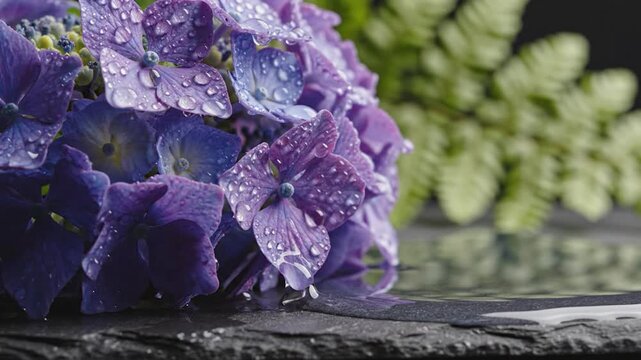 Purple hydrangea flower with water droplets on dark slate stone surface with green fern background