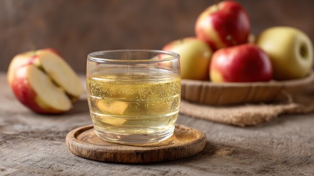 Refreshing glass of fizzy beverage sits beside ripe fruit on rustic wooden surface