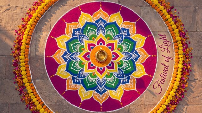 Beautiful colorful rangoli design with a lit diya lamp in the center for diwali festival celebration