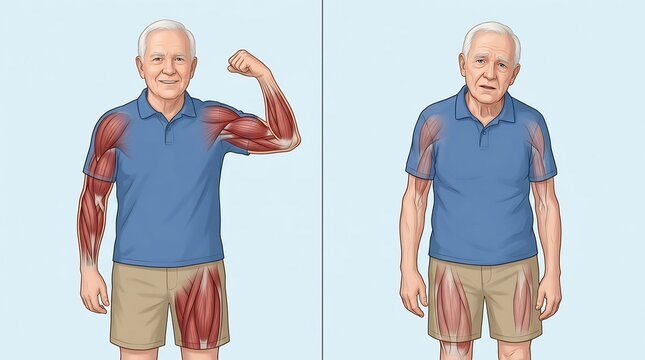 Medical illustration comparing muscle mass in senior men showing healthy muscle tone versus muscle atrophy and sarcopenia
