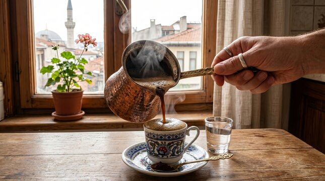 Pouring coffee into cup on table. Traditional cezve coffee served on rustic wooden surface