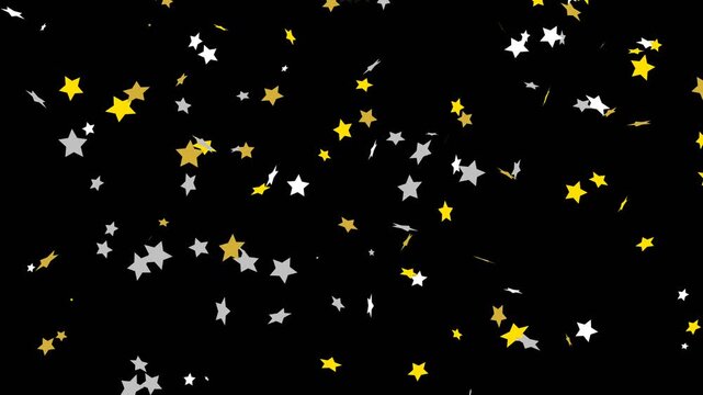 Star confetti falling gold and silver metallic foil stars tumbling on black background for party celebration overlay