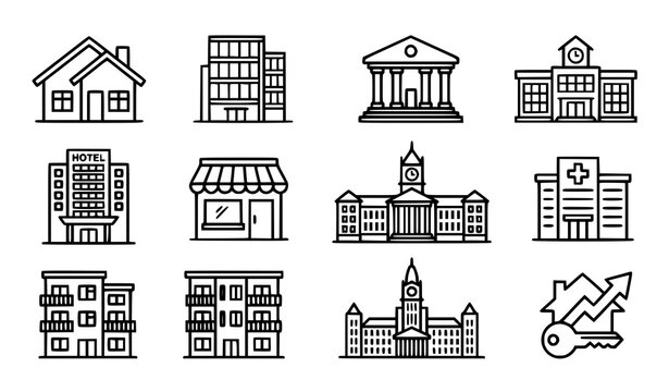 Building icon set with house office bank school hotel and hospital symbols