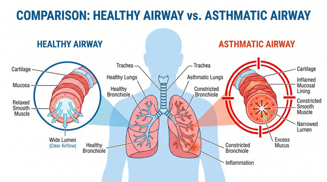 Medical infographic comparing healthy and asthmatic human airway