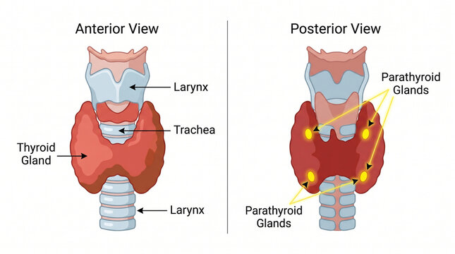 Anterior and posterior view of thyroid and parathyroid glands