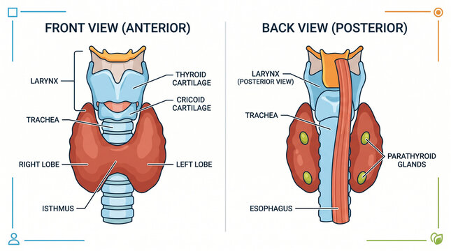 Anterior and posterior view of human thyroid gland anatomy