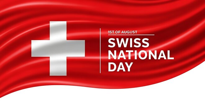 Swiss flag waving on national celebration day with red background and white cross symbol