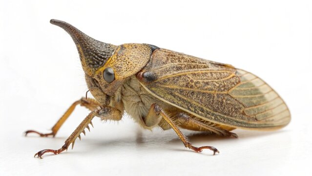 Close-up of a single treehopper insect with a unique pronotal horn isolated on a pure white background.