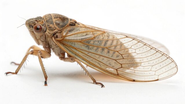 Close-up of a single tiny planthopper insect isolated on a pure white background.
