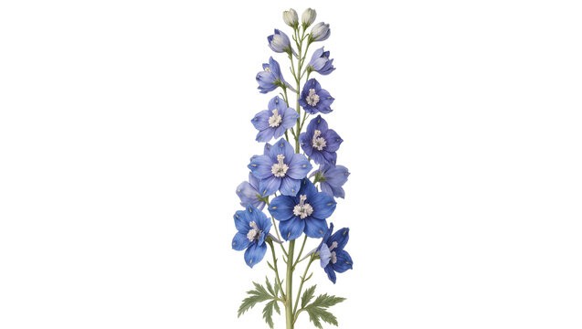 Tall blue delphinium flower with green leaves