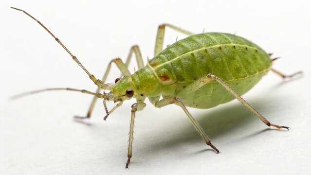 Close-up of a vibrant green aphid insect isolated on a pure white background.