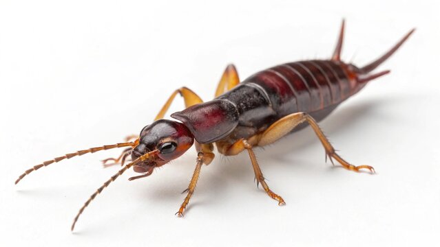 Close-up of a brown earwig with prominent pincers isolated on a pure white background.