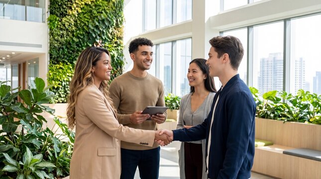 Meeting of innovative minds illustrated by a decisive handshake, representing the spirit of teamwork and effective agreements in a professional setting.